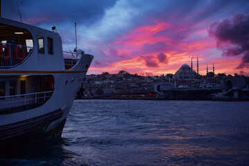 Fototapeta na wymiar Travel by Turkey. Istanbul Ferryboat. Beautiful sunset landcape. Concept of transportation and traveling.