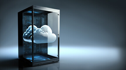 A cloud is seen at the center of a computer server, highlighting the limitless potential and scalability offered by cloud computing. Generative AI illustration