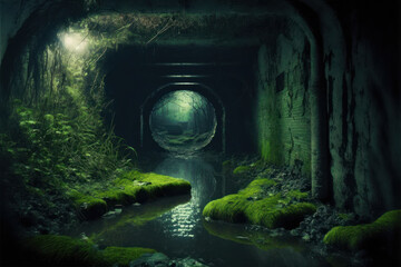 sewer interior underground with water. generative ai