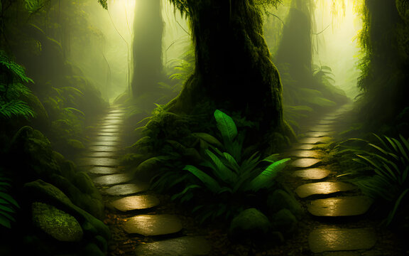 Dark jungle with footpath illuminated by magic light.Generative Al Illustration.