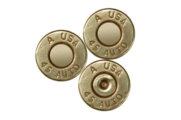 Pistol bullet casings on white background, top view