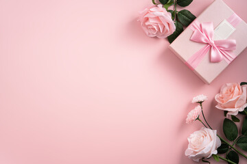 Fototapeta Valentine's Day and Mother's Day design concept background with pink flower and gift on pink background. obraz