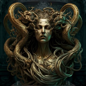 MEDUSA , woman , monstrous creatures with scaly bodies, bronze arms, golden wings, sharp tusks, and hair composed of a mass of writhing, hissing snakes , under the water , film , cinematic  