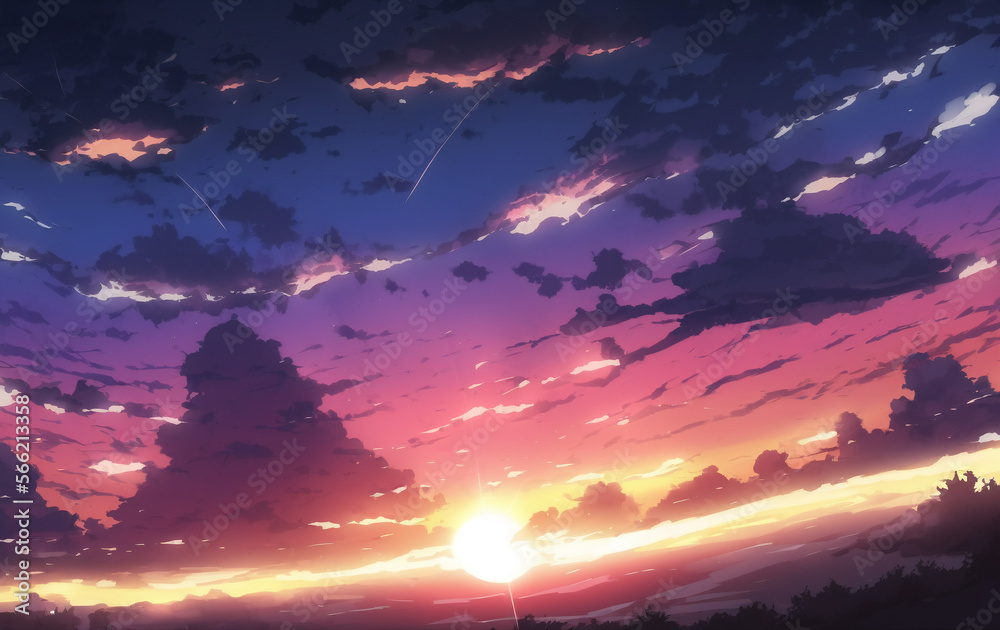 Wall mural anime style beautiful sunset sky generative ai