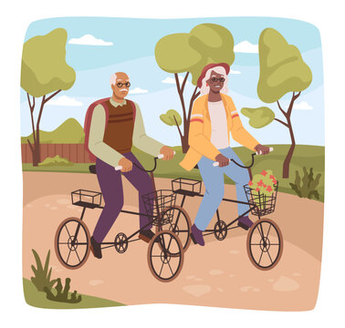 Senior characters cycling, grandmother and grandfather riding bicycles in park. Commuting or leading active lifestyle. Elderly personages with eco transport. Vector in flat style