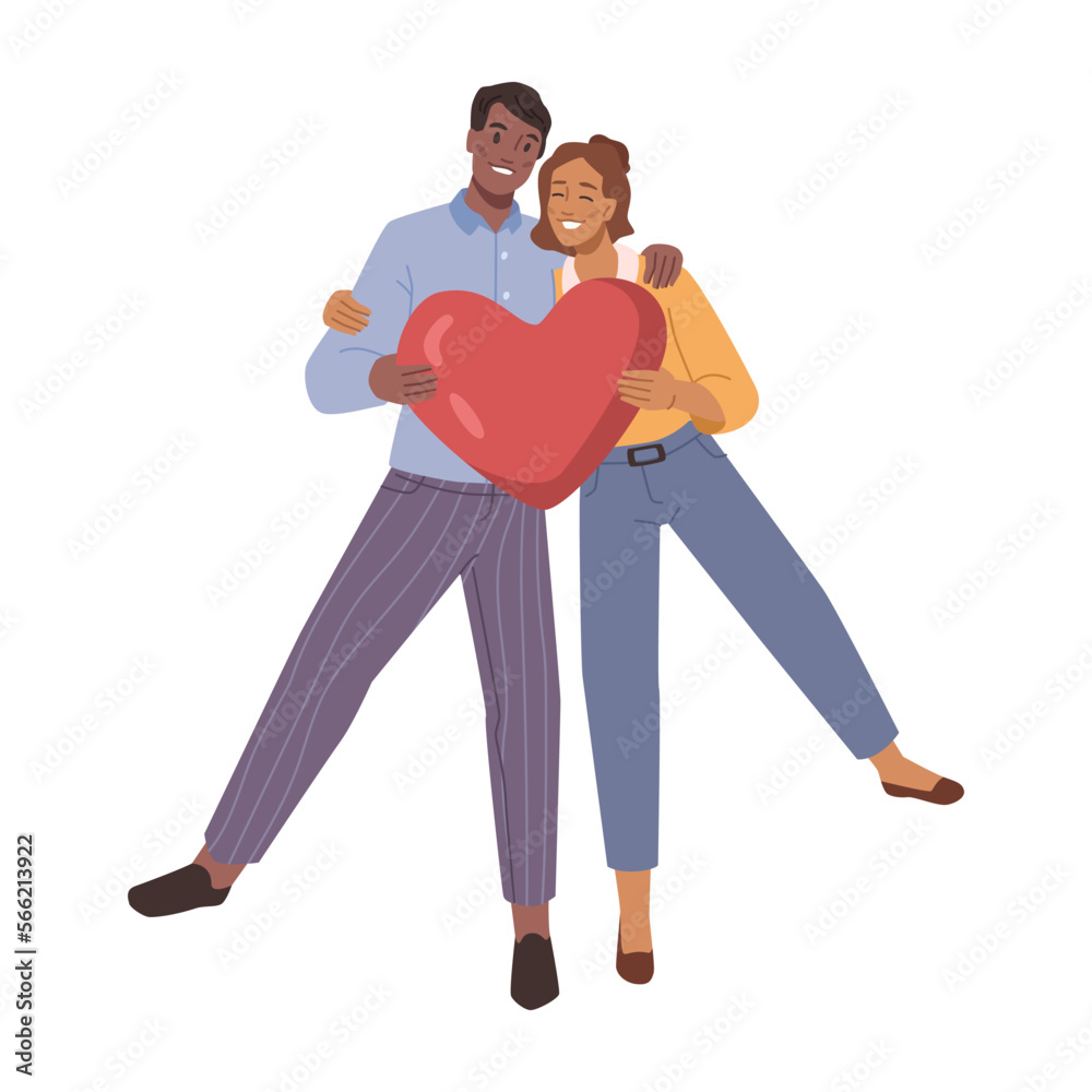 Sticker Man and woman in love holding heart. Isolated couple hugging and smiling, celebrating Valentines day or anniversary. People on date. Vector in flat style