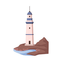 Lighthouse tower construction by seaside shore. Isolated searchlight helping ships and vessels to navigate. Guidance in sea or ocean. Vector in flat style