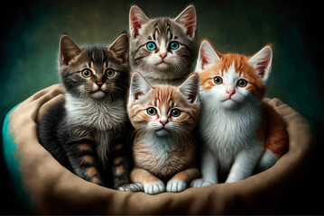 Portrait of adorable kittens posing sitting on a cat bed. Generative AI