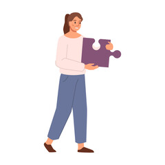 Caring for mental health and mind soundness. Isolated woman with jigsaw puzzle solving problems and issues. Assistance on way to success. Vector in flat style