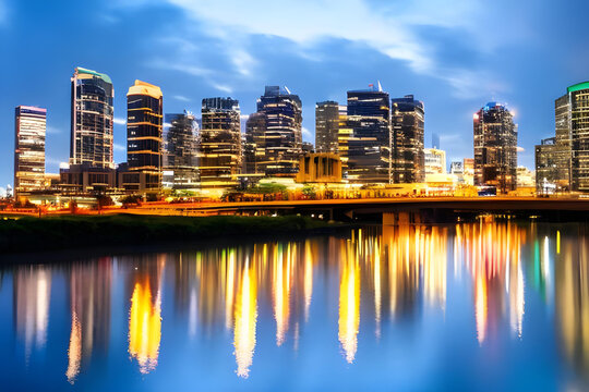 city skyline at night. city river wallpaper. city backdrop. lights over water. water over lights. AI generated. city skyline backdrop. city concept.