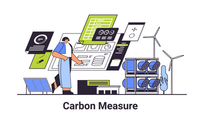 carbon measure concept businesswoman analyzing statistic data responsibility of co2 emission environment strategy