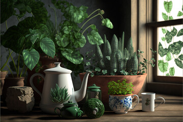 Arrangement of plants and ceramic pots in the greenhouse