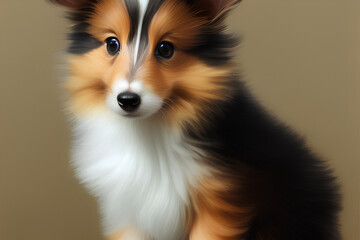 Fluffy hair sheltie puppy with cute black, brown and white colors created with Generative AI technology