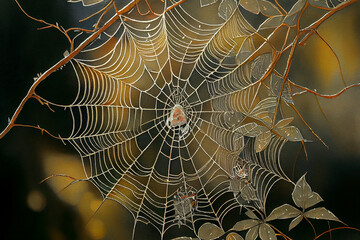 A spider's web, the delicate strands and intricate patterns captured in perfect detail, generative ai