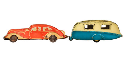 Fototapeta premium Vintage toy car with classic caravan isolated on a white background