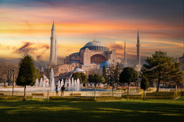 Beautiful view on Hagia Sophia in Istanbul, sunset time. Turkey.