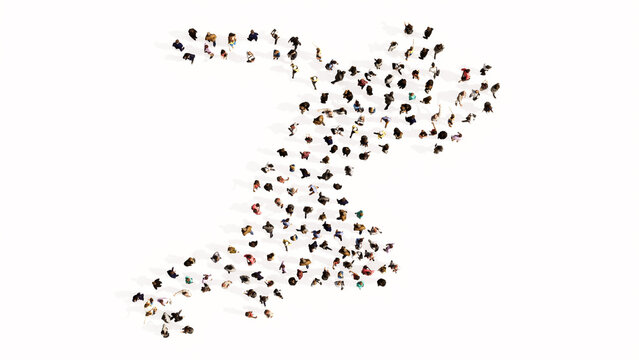 Concept or conceptual large community of people forming the image of a runner on white background. A 3d illustration metaphor for athlete, sprinter, marathon, competition, exercise and  health
