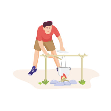 A man cooking something in a pot in the forest. Survival and camping theme illustration.