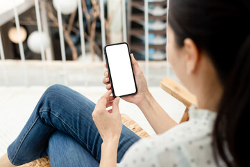 cell phone blank white screen mockup.hand holding texting using mobile on desk at office.background empty space for advertise.work people contact marketing business,technology