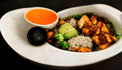 Bowl Buddha. Buckwheat, pumpkin, chicken fillet, avocado food