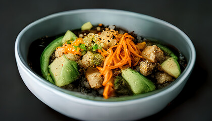 Bowl Buddha. Buckwheat, pumpkin, chicken fillet, avocado food