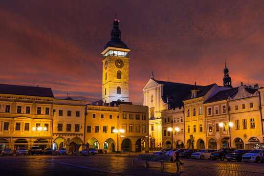 Historic center of Ceske Budejovice at night, Budweis, Budvar, South Bohemia, Czech Republic, Europe.