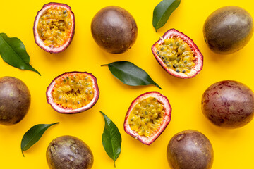 Fruit pattern of ripe fresh passion fruits, top view