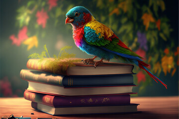A Colorful Parrot Sitting on top of the books in garden. Generative Ai