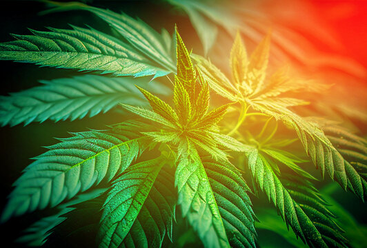 Marijuana close-up, texture background. Cannabis plant farm. Seeding cannabinoid, cannabidiol. Marihuana, hashish garden. Illegal legal drug. Marijuana for medicine and health. Ganja AI Generative.