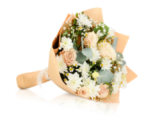 bouquet of roses, chrysanthemums, daisies and eucalyptus leaves lying on a white isolated background