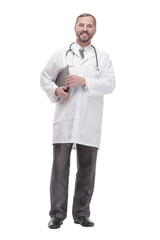 smiling doctor with clipboard . isolated on a white background.