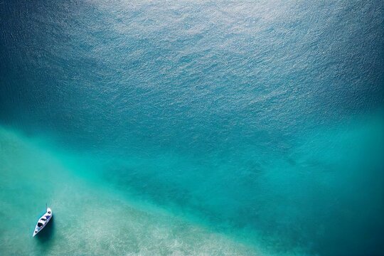 aerial shot of a yacht on a clear blue ocean. Photo taken by a drone. Generative AI