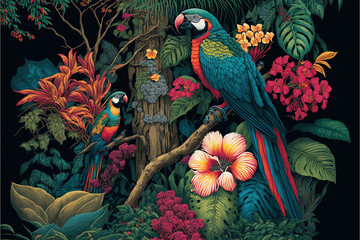 Drawing of a South American rainforest with colourful flowers and macaw birds on a black background.  Generative AI.