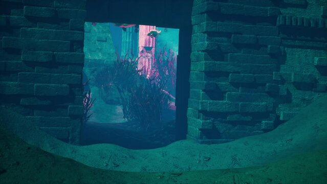 Underwater Temple, Marine Flora, Shark, Corals, Fish 3D Animations Rendering CGI 4K
