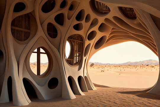 Fantasy house inside old wood in a desert, generative ai