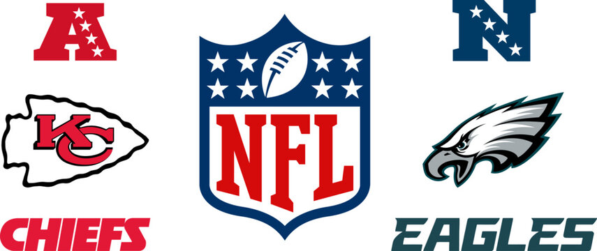 NFL Super Bowl teams logo set. American National Football League Superbowl Kansas City Chiefs vs Philadelphia Eagles final game. Vector editorial illustration
