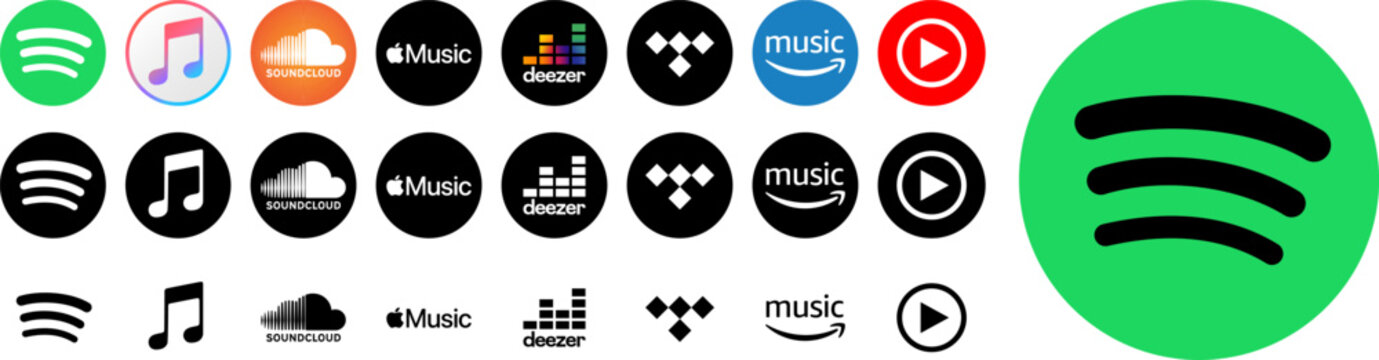 Spotify audio streaming and media services logo set. Apple music iTunes, SoundCloud, Deezer, Tidal, Amazon, Youtube black round icons. Vector editorial illustration
