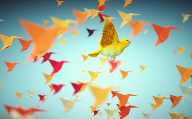 Fototapeta na wymiar Bird flying with a group of origami birds. Think outside the box and be different concept.