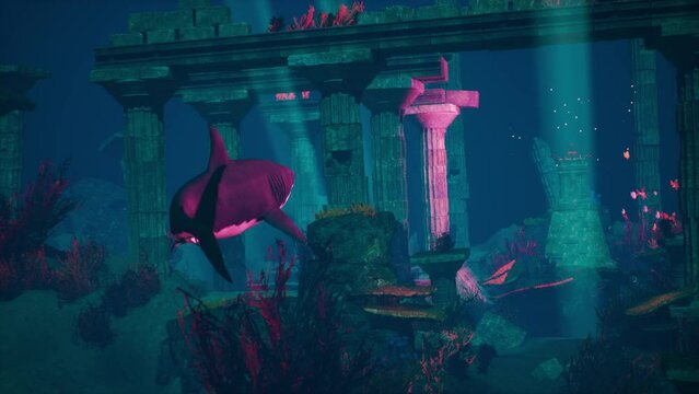 Underwater Temple, Shark, Corals, Fish 3D Animations Rendering CGI 4K