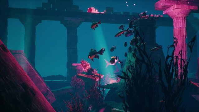 Underwater Temple, Shark, Stone Columns, Corals, Fish 3D Animations Rendering CGI 4K