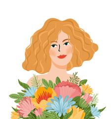 Vector isolated illustration of cute woman with flowers. International Women s Day concept for card, poster, flyer and other