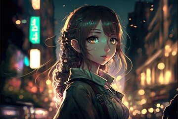 Japanese anime character looking at the camera in the middle of the city. Generative ai.
