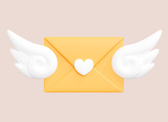 3D Yellow letter in envelope with wings. Flying love message. Online mail newsletter. Romantic postcard. Email communication. Cartoon creative design icon isolated on background. 3D Rendering