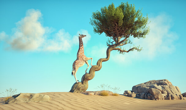 The giraffe eats leaves from a tree in surreal landscape.