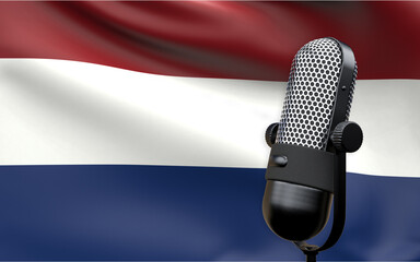 Netherlands national flag with microphone composition of voice of truth debate information radio broadcast translation radio podcast freedom of speech concept 3d rendering image