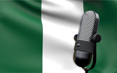 Nigeria national flag with microphone composition of voice of truth debate information radio broadcast translation radio podcast freedom of speech concept 3d rendering image