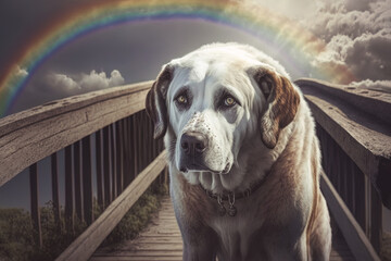 Illustration of an elderly dog at the rainbow bridge. Pet owner consolation and griefing concept. Generative ai - obrazy, fototapety, plakaty