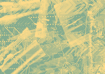 Glitch distorted grunge background . Noise destroyed texture . Trendy defect error shapes . grunge texture . Distressed effect .Vector shapes with a duo tone halftone dots screen print texture.
