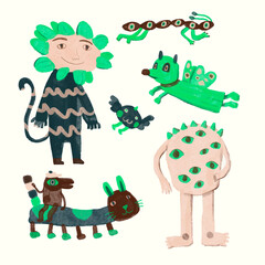 Monsters watercolor charector design set isolated on a white background. Cute animal illustration. children art, doodle style	
