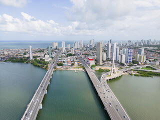 Fototapeta na wymiar Aerial view of the cable-stayed bridge in the pina neighborhood in the city of recife, pernambuco, brazil